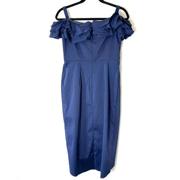Aidan Mattox Navy Blue Off the Shoulder Ruffled Midi Dress Size 8 - Picture 3 of 6
